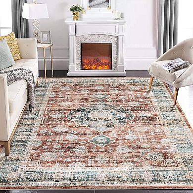 Washable Rug Oriental Floral Distressed Carpet Retro Non Slip Backing Throw Carpet