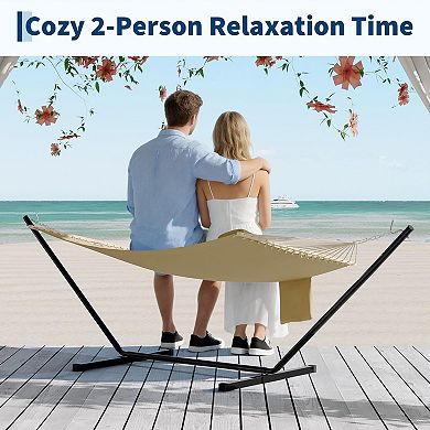 Double Quilted Fabric Hammock with Hardwood Spreader Bars and Pillow, Large Hammock for Outdoor