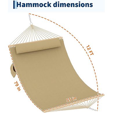 Double Quilted Fabric Hammock with Hardwood Spreader Bars and Pillow, Large Hammock for Outdoor