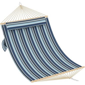 Double Quilted Fabric Hammock with Hardwood Spreader Bars and Pillow, Large Hammock for Outdoor