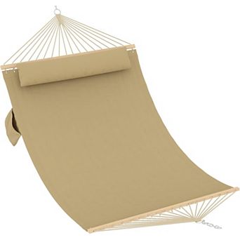 Double Quilted Fabric Hammock with Hardwood Spreader Bars and Pillow, Large Hammock for Outdoor