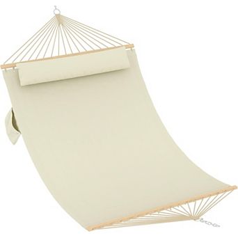 Double Quilted Fabric Hammock with Hardwood Spreader Bars and Pillow, Large Hammock for Outdoor