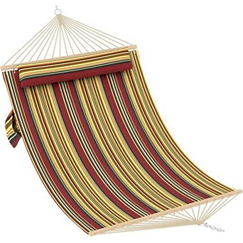 Double Quilted Fabric Hammock with Hardwood Spreader Bars and Pillow, Large Hammock for Outdoor