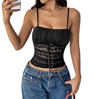 Women's Lace Patchwork Ruched Cami Top, Slim Fit Spaghetti Strap Summer Crop Tank