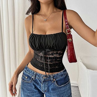 Women's Lace Patchwork Ruched Cami Top, Slim Fit Spaghetti Strap Summer Crop Tank