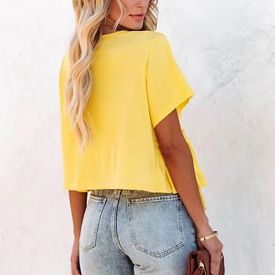Women Tie Front V-Neck Blouse Short Sleeve Ruffle Hem Peplum Top