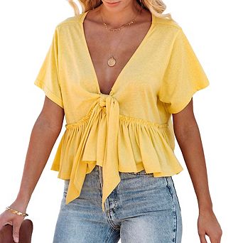 Women Tie Front V-Neck Blouse Short Sleeve Ruffle Hem Peplum Top
