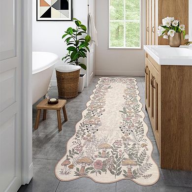 Mushroom Scalloped Floral Machine Washable Rug Non-Slip Low Pile Soft Thin Botanical Carpet