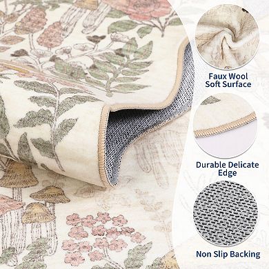 Mushroom Scalloped Floral Machine Washable Rug Non-Slip Low Pile Soft Thin Botanical Carpet