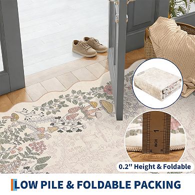 Mushroom Scalloped Floral Machine Washable Rug Non-Slip Low Pile Soft Thin Botanical Carpet