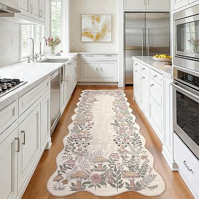 Mushroom Scalloped Floral Machine Washable Rug Non-Slip Low Pile Soft Thin Botanical Carpet