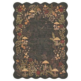 Mushroom Scalloped Floral Machine Washable Rug Non-Slip Low Pile Soft Thin Botanical Carpet