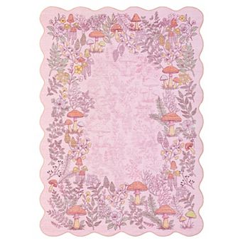 Mushroom Scalloped Floral Machine Washable Rug Non-Slip Low Pile Soft Thin Botanical Carpet