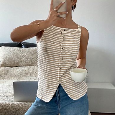 Women Striped Button Front Sleeveless Top Square Neck Waffle Knit Vest