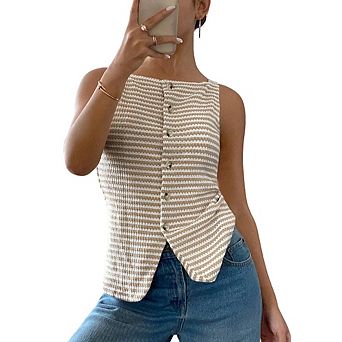 Women Striped Button Front Sleeveless Top Square Neck Waffle Knit Vest