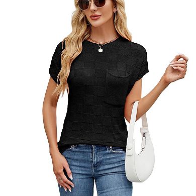 Womens Knitted T-shirt Tee Tops Casual Batwing Short Sleeve Basic Solid Color Shirts With Pockets