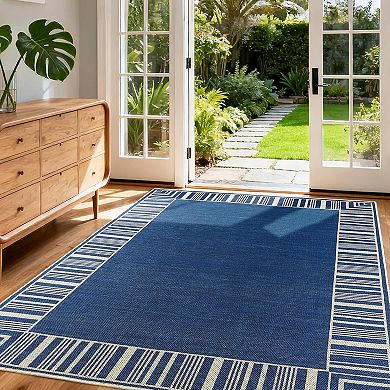Striped Bordered Rug,Washable Patio Rug,Modern Striped Area Rug,Non Slip Low Pile