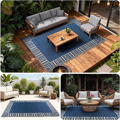 Striped Bordered Rug,Washable Patio Rug,Modern Striped Area Rug,Non Slip Low Pile