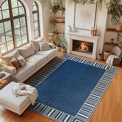 Striped Bordered Rug,Washable Patio Rug,Modern Striped Area Rug,Non Slip Low Pile