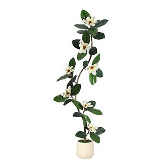 Lifelike Artificial Magnolia Tree with 7 pc Magnolia Flowers in White Planter Pot