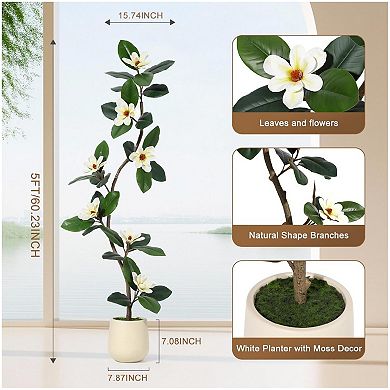 Lifelike Artificial Magnolia Tree with 7 Pcs Magnolia Flowers in White Planter Pot