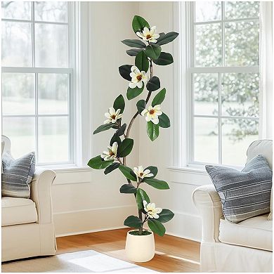 Lifelike Artificial Magnolia Tree with 7 Pcs Magnolia Flowers in White Planter Pot