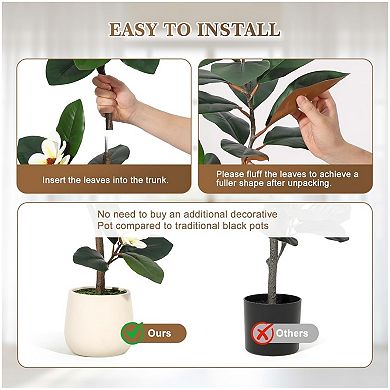 Lifelike Artificial Magnolia Tree with 7 Pcs Magnolia Flowers in White Planter Pot