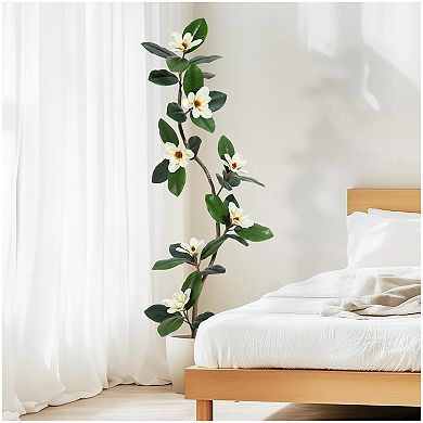Lifelike Artificial Magnolia Tree with 7 Pcs Magnolia Flowers in White Planter Pot