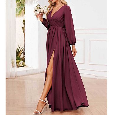 Women's V-Neck Long Sleeve Maxi Dress, High Slit Formal Evening Gown