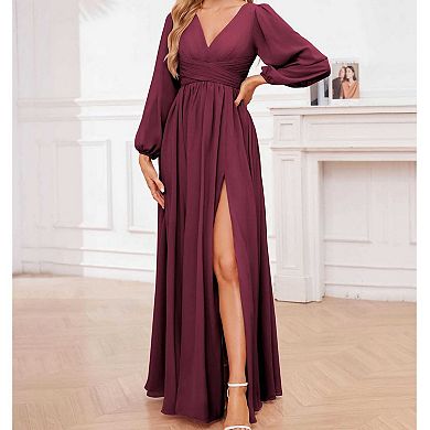 Women's V-Neck Long Sleeve Maxi Dress, High Slit Formal Evening Gown