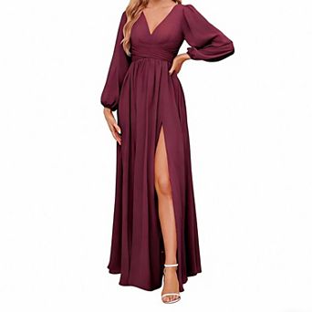 Women's V-Neck Long Sleeve Maxi Dress, High Slit Formal Evening Gown