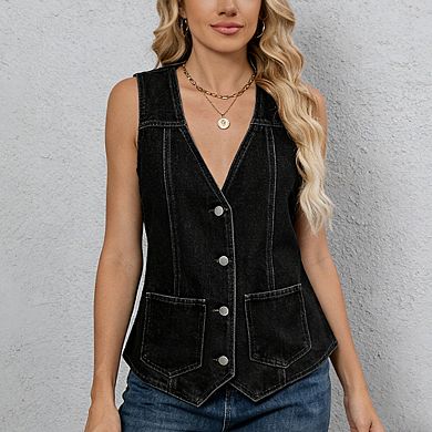 Women's Sleeveless V Neckline Button Pockets Asymmetric Hem Denim Vest
