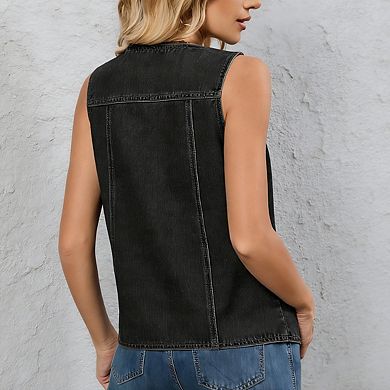 Women's Sleeveless V Neckline Button Pockets Asymmetric Hem Denim Vest