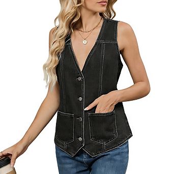Women's Sleeveless V Neckline Button Pockets Asymmetric Hem Denim Vest