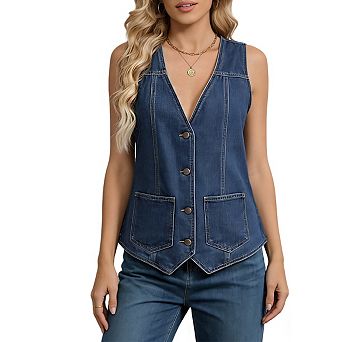Women's Sleeveless V Neckline Button Pockets Asymmetric Hem Denim Vest