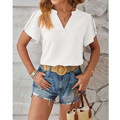 Women's V-Neck Swiss Dot Chiffon Blouse, Petal Sleeve Casual Commute Top