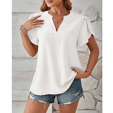 Women's V-Neck Swiss Dot Chiffon Blouse, Petal Sleeve Casual Commute Top