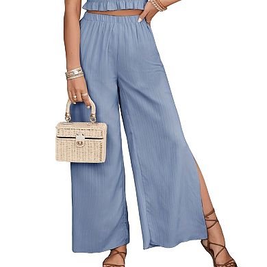 Women's Two Piece Outfit Sleeveless Smocked Crop Top and Wide Leg Pants Set