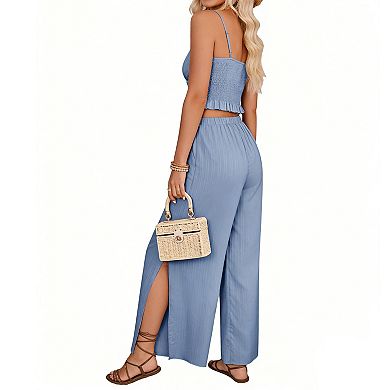 Women's Two Piece Outfit Sleeveless Smocked Crop Top and Wide Leg Pants Set