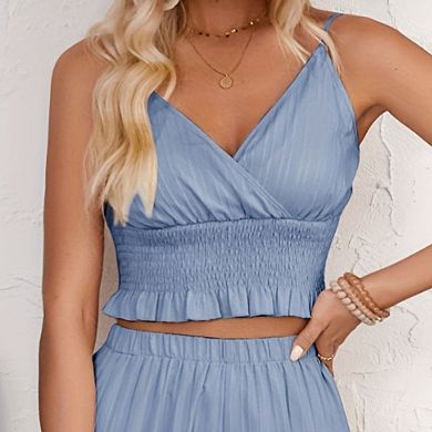 Women's Two Piece Outfit Sleeveless Smocked Crop Top and Wide Leg Pants Set