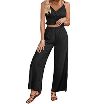 Women's Two Piece Outfit Sleeveless Smocked Crop Top and Wide Leg Pants Set