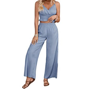 Women's Two Piece Outfit Sleeveless Smocked Crop Top and Wide Leg Pants Set