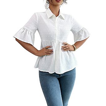 Women's Swiss Dot Collar Half Sleeve Button Front Peplum Blouse with Ruffle Cuffs