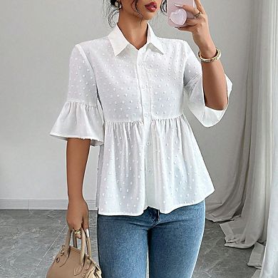 Women's Swiss Dot Collar Half Sleeve Button Front Peplum Blouse with Ruffle Cuffs