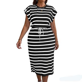 Women's Plus Size Casual Midi Dress Cap Sleeve Drawstring Waist T-Shirt Dress with Side Slit