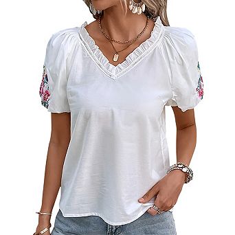 Womens Short Sleeve Tops Embroidered Floral Shirt Casual Solid Pullover Chiffon Blouses Summer Tops