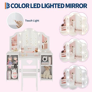 Kids Vanity Table and Chair, 2-in-1 Princess Makeup Vanity Desk with Detachable Tri-Folding Mirror