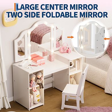 Kids Vanity Table and Chair, 2-in-1 Princess Makeup Vanity Desk with Detachable Tri-Folding Mirror