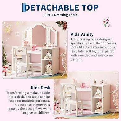 Kids Vanity Table and Chair, 2-in-1 Princess Makeup Vanity Desk with Detachable Tri-Folding Mirror