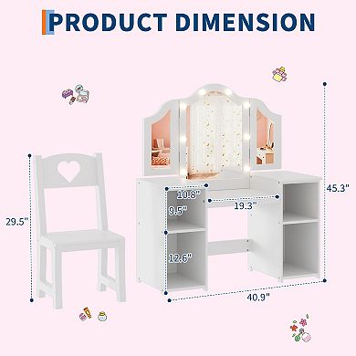 Kids Vanity Table and Chair, 2-in-1 Princess Makeup Vanity Desk with Detachable Tri-Folding Mirror